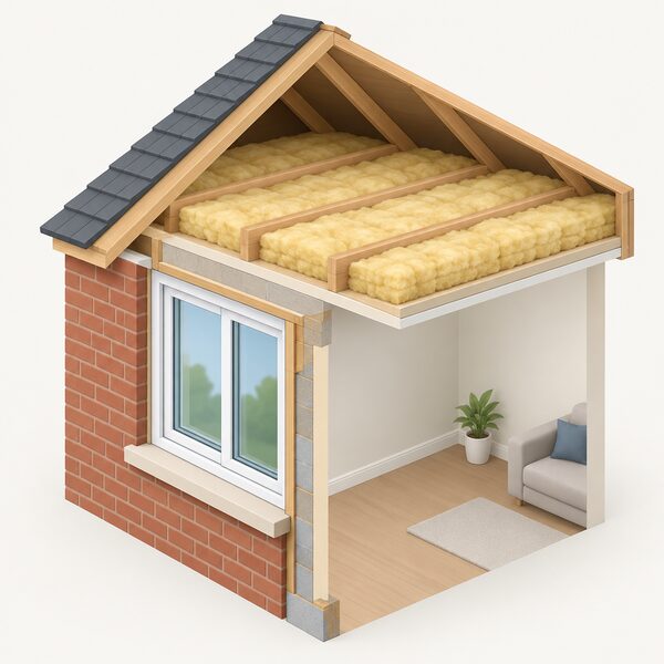 A cutaway view of a house corner showing a double glazed window fitted in the external wall below, with a thick layer of loft insulation laid between the joists in the roof space directly above it.