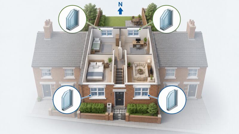A cutaway view of a terraced house showing triple glazed units in the two north-facing rooms at the rear and double glazed units in the remaining windows, with a compass arrow indicating north.