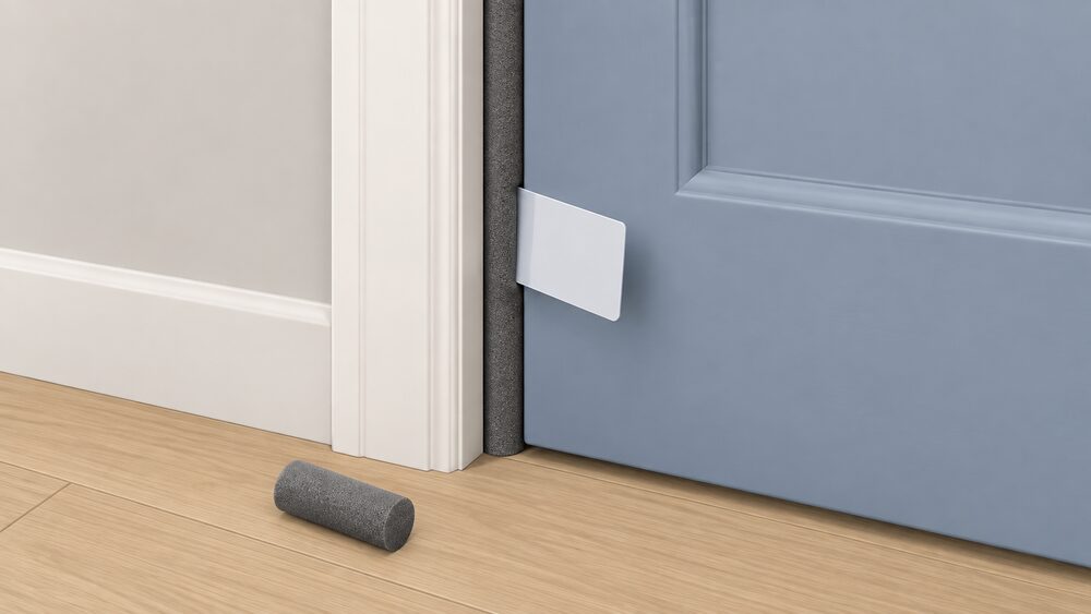 A close-up of an exterior door frame edge with a compressible foam draught-excluder strip fitted in the gap, a plastic card slipped between the closed door and the strip to test the fit, and a short 50mm foam offcut lying on the floor beside the door.
