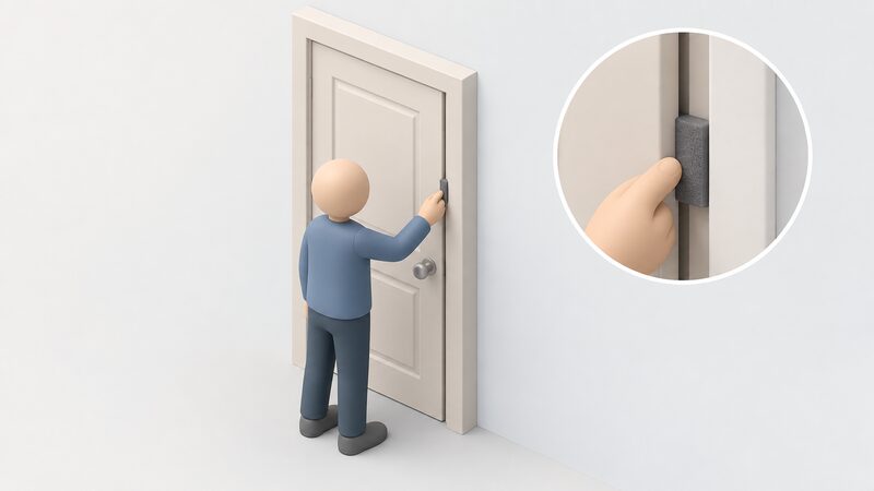A small isometric figure holds a short offcut of foam draught-excluder strip against the gap of a closed door, pressing the door shut so the strip sits between door edge and frame to be judged for compression.