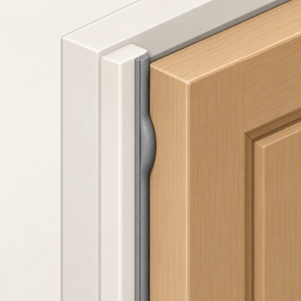 A close-up cross-section of a closed door meeting its frame, with a compressible draught-excluder strip fixed to the frame stop and visibly squeezed between the two surfaces so it touches both faces and closes the gap, with no daylight line showing.