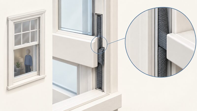 A close-up cross-section of a sash window showing a brush strip fitted inside the side channel, with the sliding sash lowered partway so its bristles flex against the moving section while still closing the gap.
