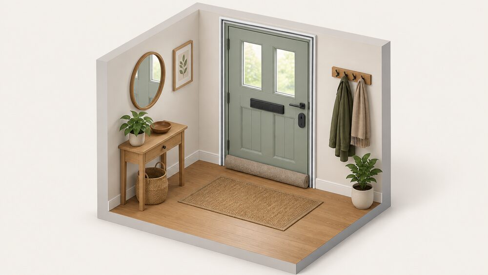 A home's front door seen from inside in daylight, with self-adhesive foam draught strip along the door frame edges, a brush strip over the letterbox, a purpose-made keyhole cover, and a fabric draught excluder lying along the bottom of the door.