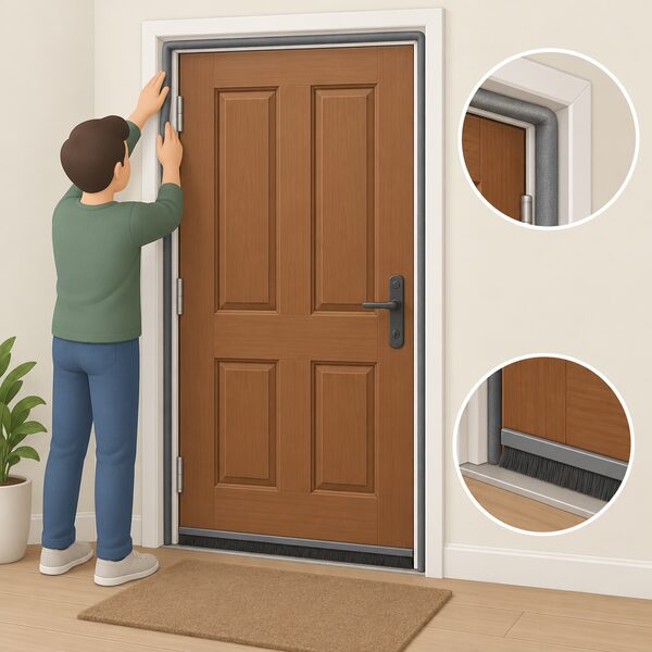 A close-up of a house's front door seen from inside, with foam draught-stripping strips fixed around the inner edges of the door frame and a brush-style draught sealer along the bottom of the door, shown as a simple DIY installation.