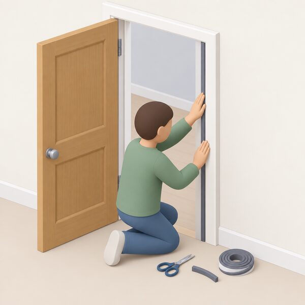 A simplified isometric figure kneels at an interior door, cutting a length of self-adhesive draught strip with scissors and pressing the cut piece firmly along the inner face of the door frame, with a short offcut and a roll of strip resting on the floor nearby.