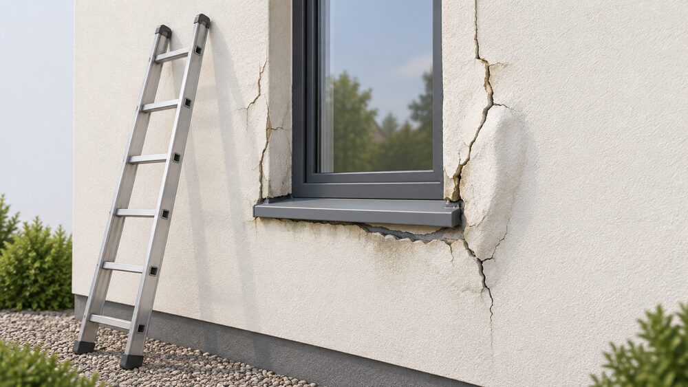 A close-up of a house's external wall insulation with visibly cracked and bulging render around a window opening, where the weatherproofing detail has failed, with an inspection ladder leaning against the wall beside it.