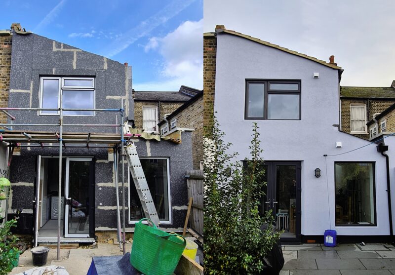 Before-and-after photos of a house rear elevation with external wall insulation, showing the boarded-up wall mid-installation and the finished rendered facade
