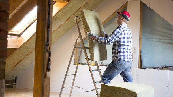 A man on a ladder installing a large slab of stone wool loft insulation in an attic
