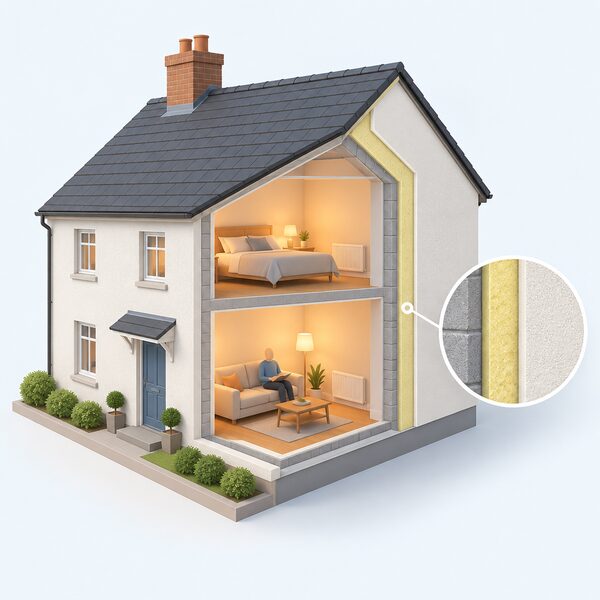 A cutaway view of a small house with correctly installed external wall insulation, showing the insulation layer and render on the outside of the wall and warmth retained inside the rooms.