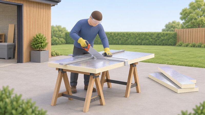 A gloved figure outdoors scores the foil facing of a PIR board along a straight edge laid on a trestle, then cuts through the board in one pass with a fine-toothed hand saw, with eye protection worn and offcuts set aside nearby.