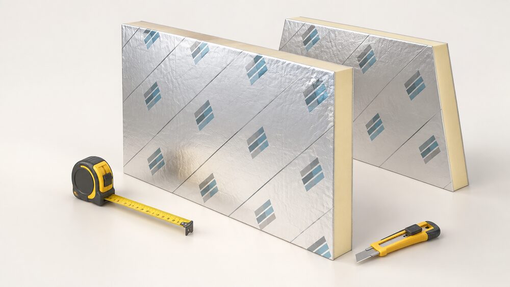 A close-up of a single foil-faced rigid PIR insulation board standing centrally, its reflective foil faces catching the light, with a tape measure and utility knife resting beside it and a second board leaning behind, all on a plain surface.