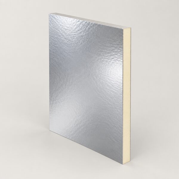 A single rigid PIR insulation board shown as a product, standing upright at a slight angle as a flat rectangular panel with smooth shiny foil facing on both faces and a clean cut edge revealing its pale rigid foam core, on a plain neutral studio background with no fixings or other materials.