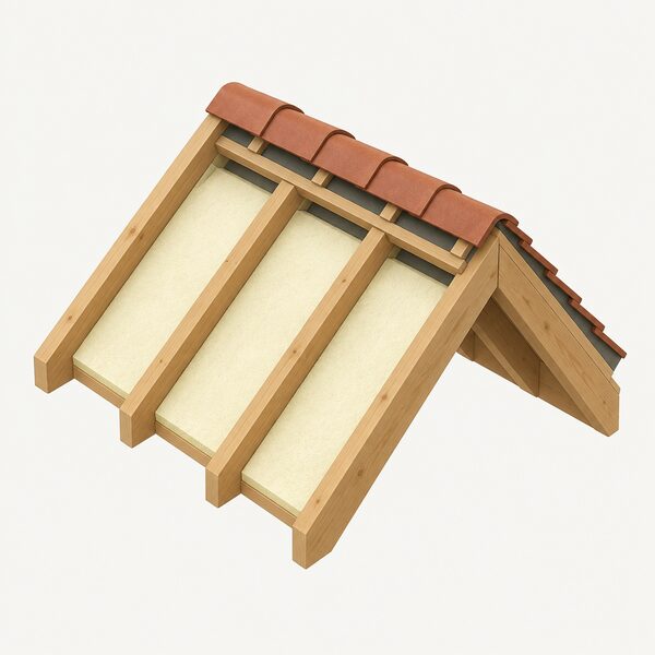 A cutaway view of a pitched roof showing rigid PIR insulation boards fitted snugly between the sloping rafters, with the boards flush within the rafter depth and the roof covering above, drawn as a simple isometric section of the roof structure.