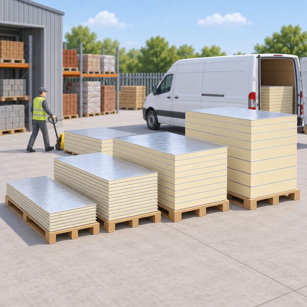 A merchant's yard with several neat stacks of rigid PIR insulation boards in clearly different thicknesses, from thin lining boards to thick packs, standing on pallets beside a small delivery van under open sky.