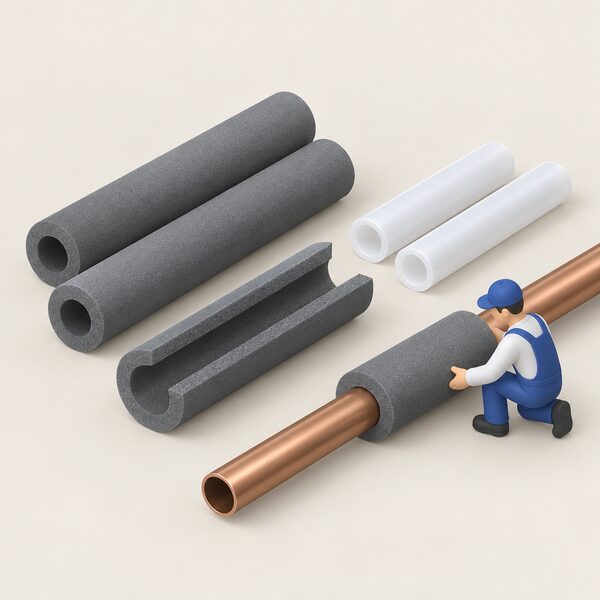 A small isometric scene of foam pipe insulation sleeves and polyethylene tubes shown as objects beside a section of exposed water pipe, with one cut-open sleeve revealing its hollow foam core, laid out on a plain work surface.