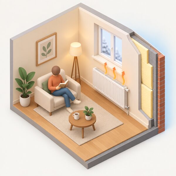 A cosy room interior with a radiator on an external wall, a small isometric figure relaxing comfortably, and a cutaway of the wall revealing PIR insulation boards between or behind the inner finish keeping warmth inside the room.