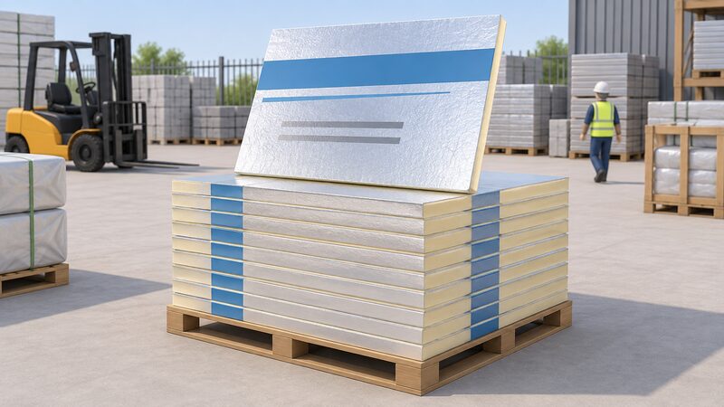 A stack of foil-faced PIR insulation boards standing upright on a merchant's yard, the top board angled so its printed foil face is visible, with blank colour bands and lines standing in for the product and thickness identification.