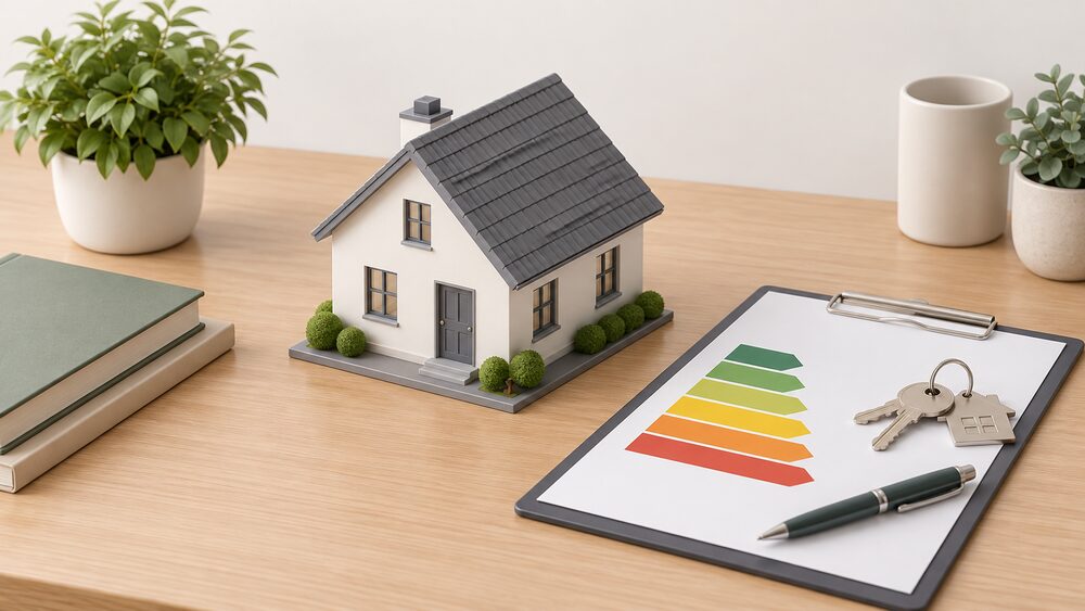 A small model house sits on a table beside blank certificate paperwork showing a blank coloured band chart of graded colour blocks, with a clipboard, a pen and a set of house keys resting on top, suggesting the moment a home's energy rating is assessed.