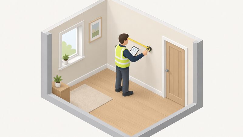 A simplified isometric assessor stands indoors beside an internal wall, holding a tape measure against the wall surface while recording notes on a tablet, depicting a visual survey of the building fabric during an EPC assessment.