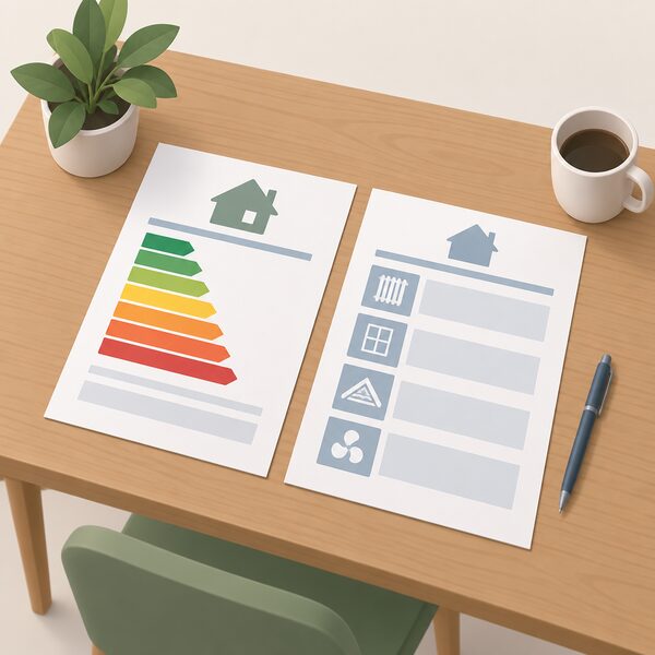 A printed energy performance certificate and its accompanying recommendation report lying side by side on a wooden table, the certificate showing a coloured efficiency band chart and the report showing plain blocks for improvement measures, with no readable text or numbers anywhere.