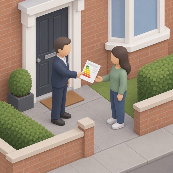 Outside the front door of a simple terraced rented home, a simplified isometric landlord figure hands a paper energy performance certificate document, shown with plain colour bands and blank lines, to a tenant figure standing on the path.