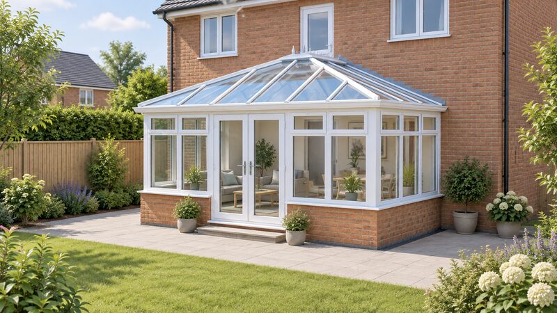 A conservatory with a fully glazed roof and white uPVC frames attached to the rear of a brick house, shown from the garden with the house's rear wall and a rear door visible above the conservatory roofline.