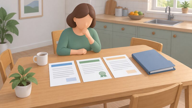 A householder's kitchen table with three documents laid out flat: a contract, a guarantee certificate and a deposit receipt, each shown as a plain sheet with blank lines and colour bands, with a folder beside them.