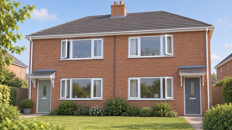 A two-storey brick semi-detached house seen from the front garden, with a row of identical white uPVC casement windows fitted across both floors, their opening casements and simple frames shown plainly against the brickwork.