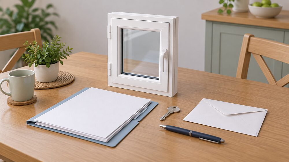 A small white uPVC casement window model stands on a kitchen table beside a folder of blank guarantee paperwork, a sealed envelope, a house key and a pen, suggesting a householder sorting out documents after their installer stopped trading.