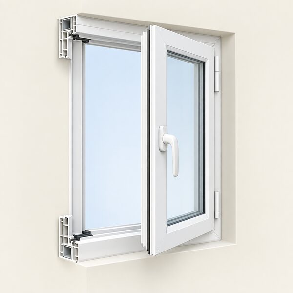 A single white uPVC casement window shown in a plain wall opening, drawn as a cutaway product view with its multi-chambered outer frame, opening sash hinged at the side, espagnolette handle on the sash edge and a sealed double-glazed unit, with no house or people around it.