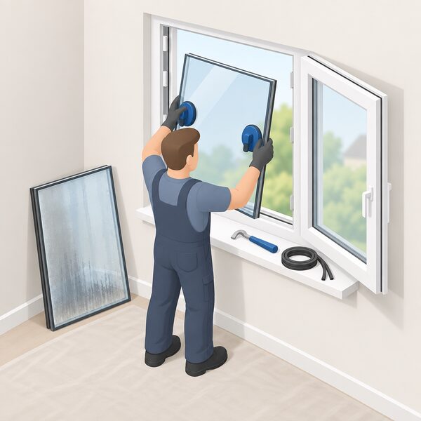 A glazier in plain work clothing, shown as a simplified isometric figure, stands at a uPVC casement window with the frame's beading removed, lifting a new double glazed unit into place while the old failed unit leans nearby on the interior floor with suction cups and a glazing tool on the sill.