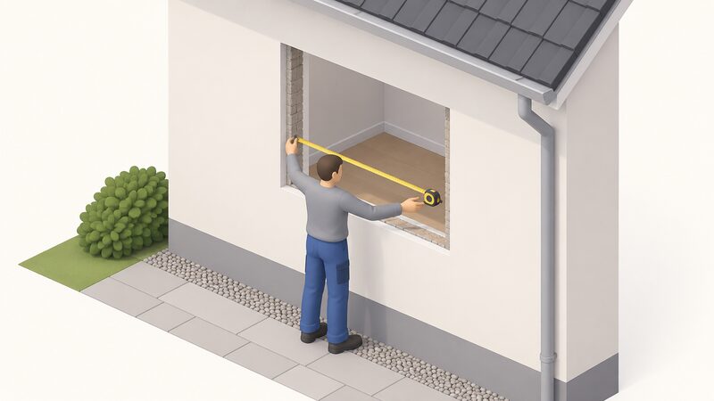 A fitter in plain work clothes stands at an existing window opening of a house, holding a tape measure stretched across the opening to check its width before a new frame is installed, with the old frame already removed.