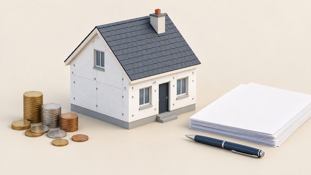 A small model of a detached house with thick insulation boards fixed to its outside walls sits on a table beside a stack of blank paperwork, a pen and a scatter of coins, suggesting the cost and yearly saving of the work.