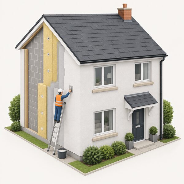 A simple two-storey detached house shown in cutaway, with a thick insulation layer and render covering its external walls, a small isometric figure of an installer on a ladder finishing the outer render surface.