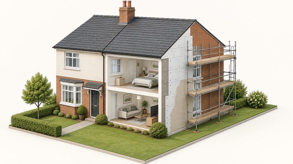 A semi-detached house seen from the street with scaffolding erected along one side wall, where insulation boards have been fixed to the exposed brickwork and a section of fresh render finish is being applied over them, the rest of the house showing its original external walls.