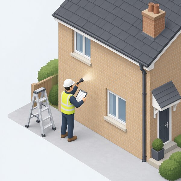 A surveyor stands at the outside of a house, examining the bare external wall with a clipboard and torch, checking the wall construction to confirm it is suitable for external wall insulation before any work begins.