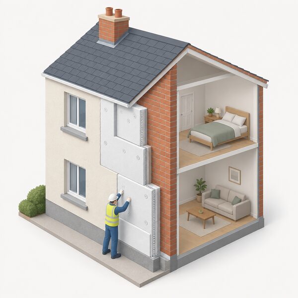 A cutaway isometric view of a solid-walled house showing thick insulation boards and render fixed to the outside face of the external wall, with the plain solid brick wall behind and the interior rooms untouched, an installer figure fixing a board at a junction detail.