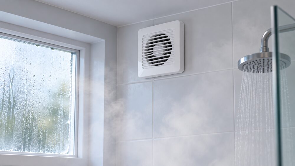 A close-up of a white bathroom extractor fan mounted high on a tiled wall beside a steamed-up window, with wisps of steam in the air and a shower head visible at the edge of the frame.