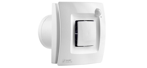 A white Soler & Palau Silent Dual 100 bathroom extractor fan with motion sensor on a plain background
