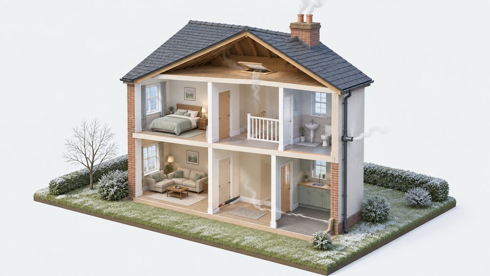 A cutaway view of a small house on a cold day, with a hand holding a smoke pen at an internal wall junction, thin smoke drifting toward a gap at the skirting board, while other leak sites — a loft hatch, a pipe penetration and an open chimney — are visible in their places in the building.