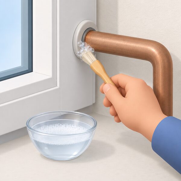 A close-up of a hand with a small brush applying soapy water to the joint where a pipe enters a window or wall frame, with a cluster of small bubbles forming at the joint to reveal the leak.
