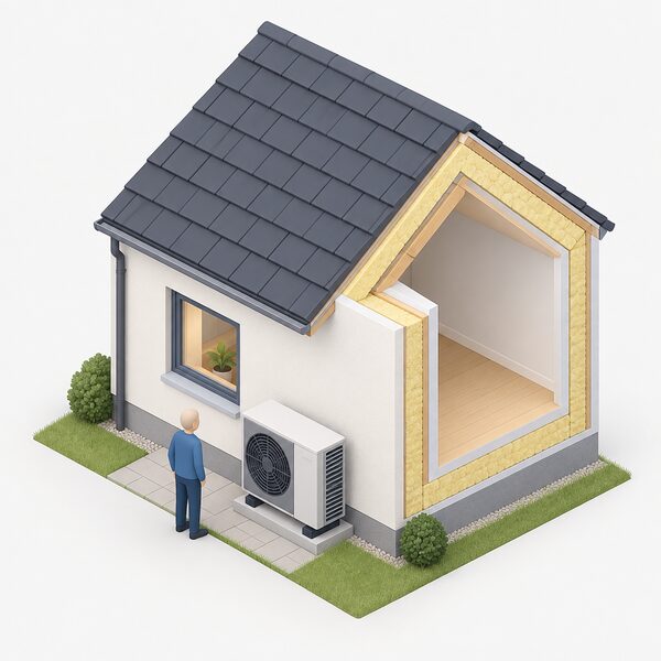An air source heat pump unit on the ground outside the wall of a well insulated house, with a small isometric figure standing beside it, the house shown with a thick insulated roof and walls to convey a warm, draught-proofed building.