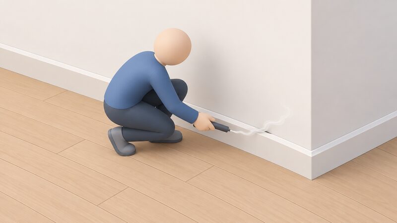 A simplified isometric figure crouches at floor level holding a smoke pen at the junction where a skirting board meets the wall, with a thin trail of smoke drifting from the pen tip into a narrow hidden gap behind the skirting.