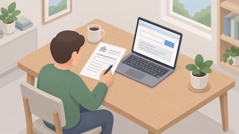 A householder at a table compares a printed quote sheet with a laptop screen showing a register search page, holding a pen to check a registration number shown only as a blank line on both the paper and the screen.