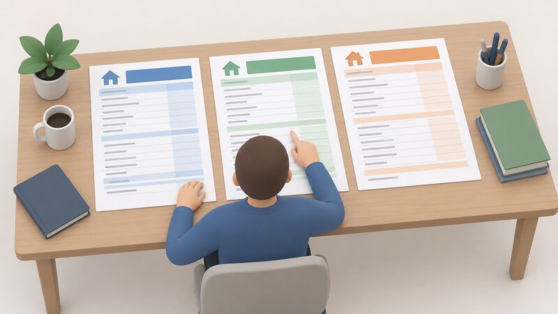 Three printed quotation sheets laid side by side on a table, each with blank-line specification columns and plain colour bands, with a simplified figure comparing them line by line.