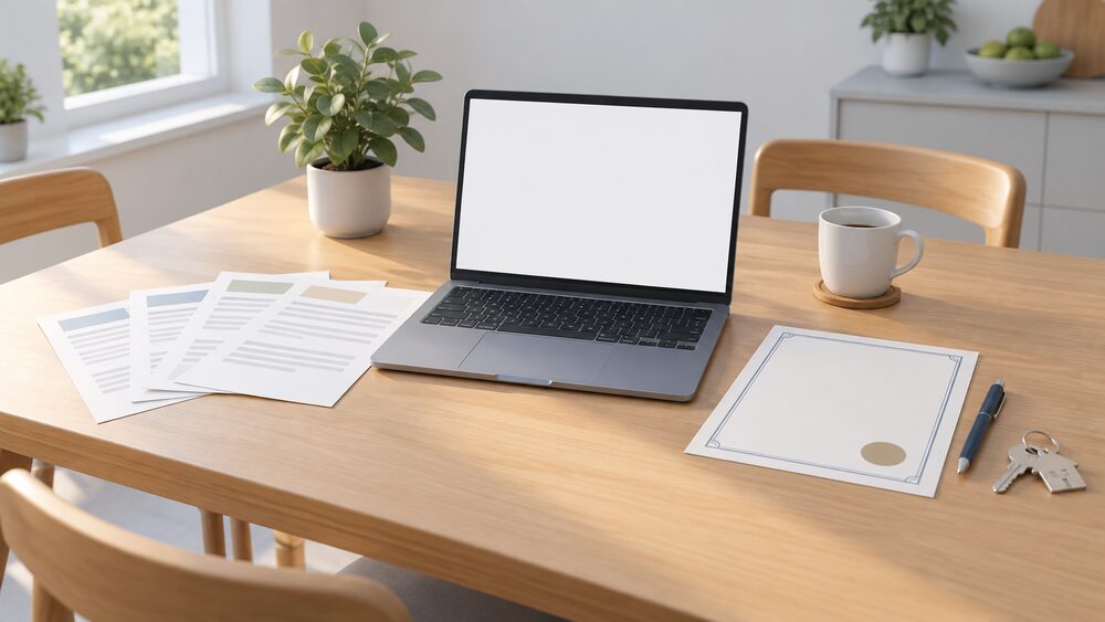 A kitchen table in daylight with an open laptop showing a blank screen, several printed quote sheets fanned beside it, a blank certificate-style document, a pen and a house key, representing a household checking an installer's registration before signing.