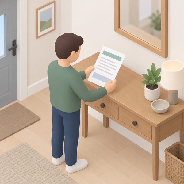 A single paper certificate of lodgement lying on a hall table in a home, with blank lines and plain colour bands instead of readable content, beside a small isometric figure of a homeowner holding or reading it, showing the document that proves completed insulation or heating work entered the scheme's records.