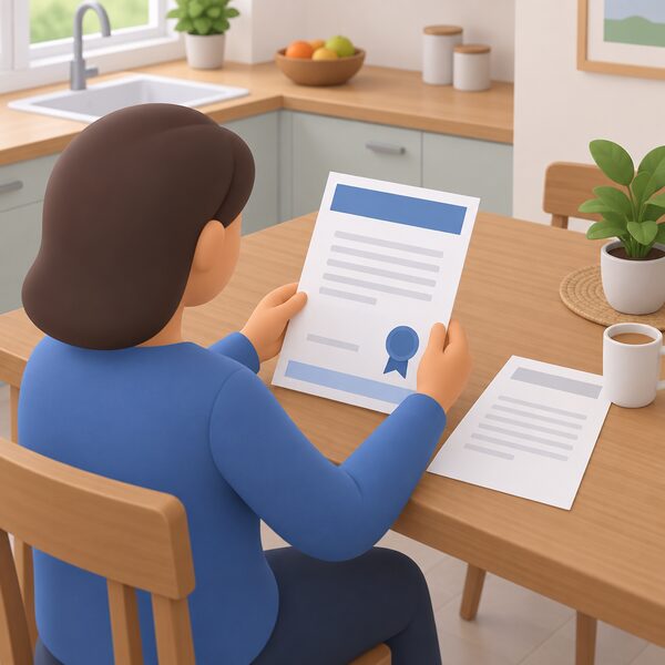 A homeowner's hand holding an insurance-backed guarantee certificate as a printed paper document at a kitchen table, with a second blank document beside it, the certificate showing only plain colour bands and blank lines so no words or figures are readable.