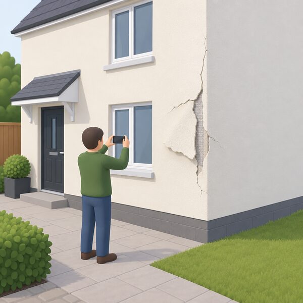 A householder standing outside their home photographing cracked, bulging or detached external wall insulation render on the house facade, holding a phone or camera to capture the damage as evidence for a complaint about the installer.