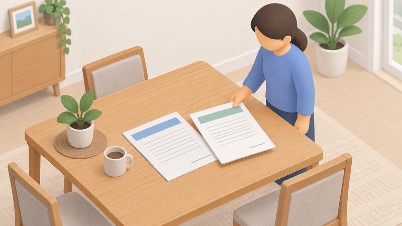 A wooden table in a home holds a completed certificate of lodgement and a guarantee registration document lying side by side, each shown as a physical paper with blank lines and plain colour bands, with a simplified isometric figure's hand placing the guarantee registration on top.